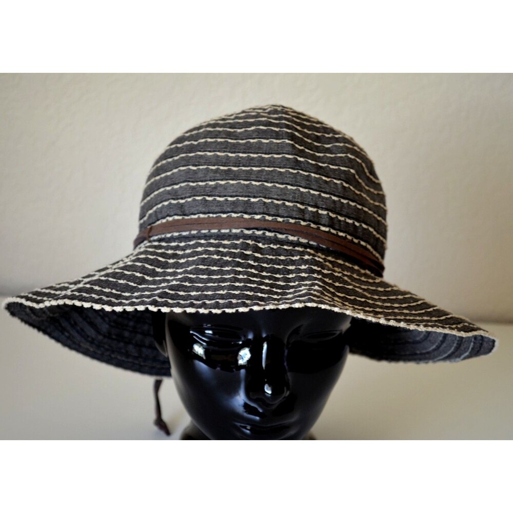 REI Wide-Brim Packable Canvas Ribbon Sun Hat Gray Ivory Suede Band L/XL